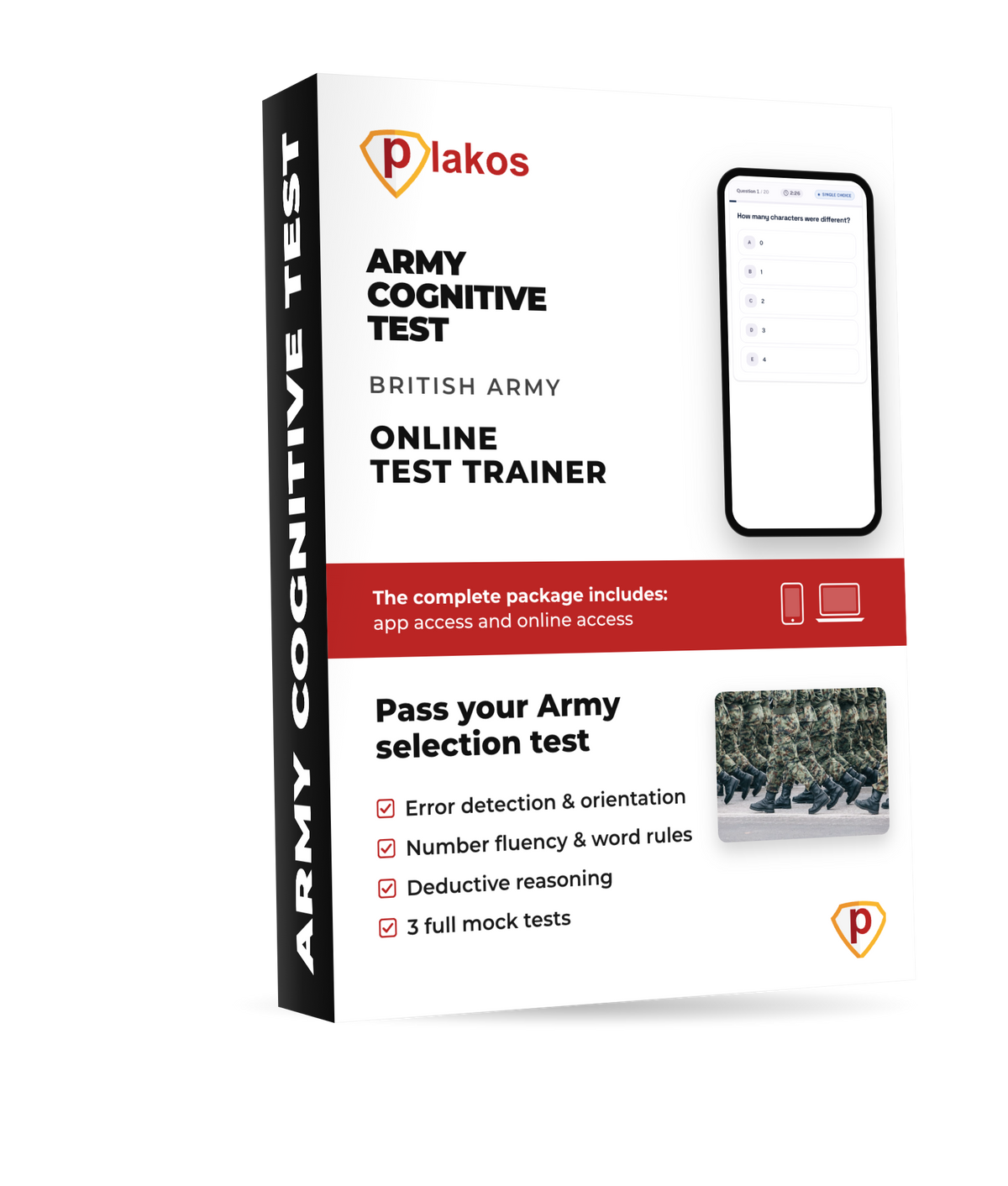 Army Cognitive Test practice course – Plakos product box with phone showing a practice question