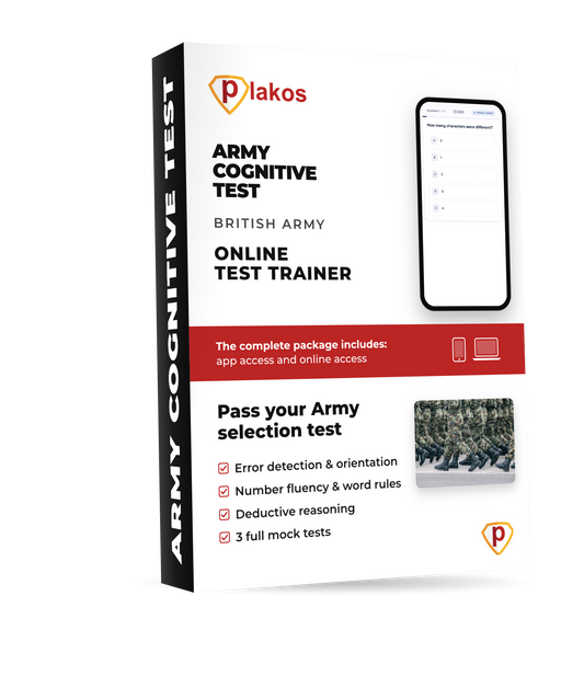 Army Cognitive Test practice course – Plakos product box with phone showing a practice question